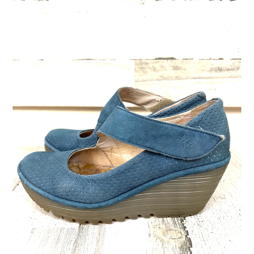 Fly London Womens EU 37 Teal Blue Yasi Bar Wedge Leather Mary Jane Shoes